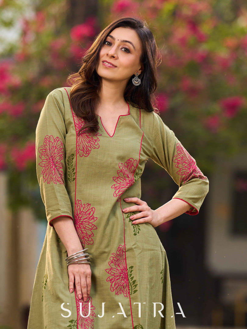 Soft Light Green A-Line Kurta With Artisanal Floral Hand Block Print