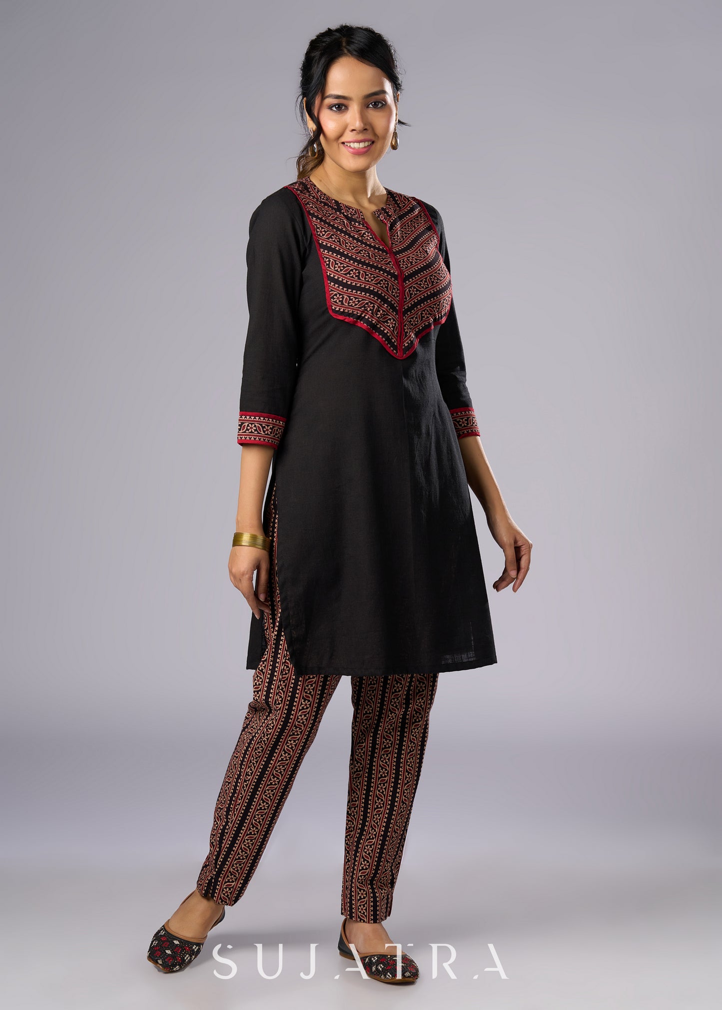 Elegant Black Cotton Ajrakh Combination Tunic -  Pant Additional