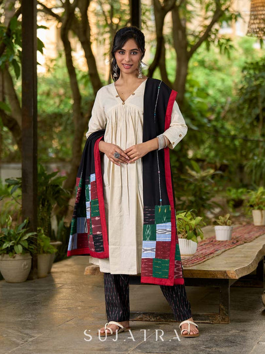 Chic Black Rayon Dupatta with Kantha & Mirror Embroidery and Ikat Patchwork Pallu