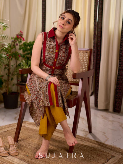 Dussehra Sale — Multicolour Ethnic Print Cotton Sleeveless Kurta with Bold Maroon Collar and Placket Detail