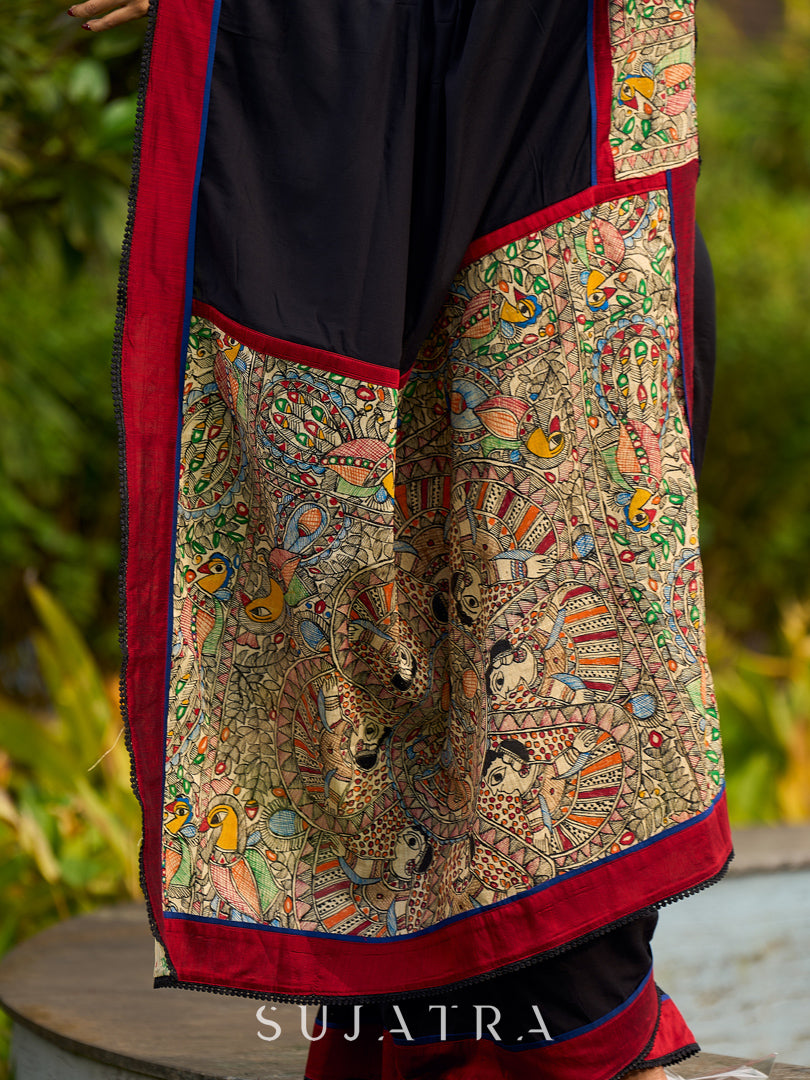 Striking Black Modal Saree with Hand-Painted Madhubani Pallu & Maroon-Blue Border