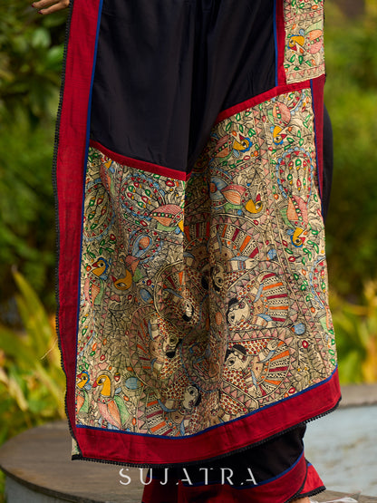Striking Black Modal Saree with Hand-Painted Madhubani Pallu & Maroon-Blue Border