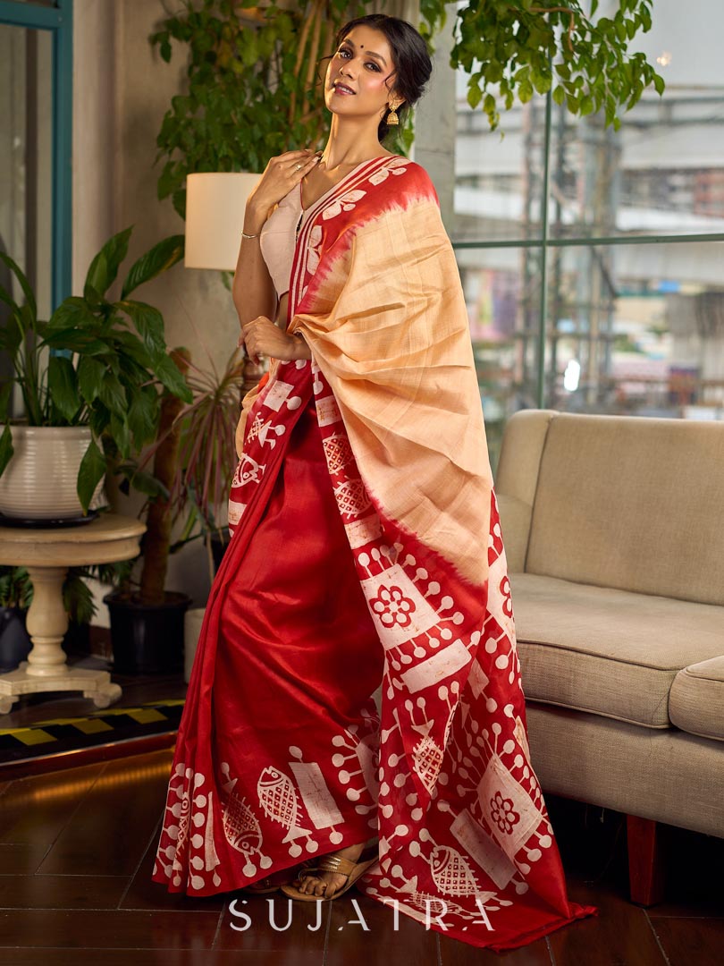 Vibrant Red Pure Silk Saree with Tribal Printed Pallu & Border