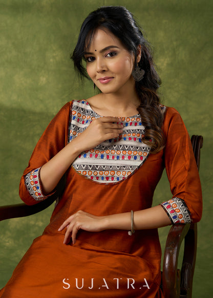 Exclusive Rust Kurta With Hand Painted Madhubani Yoke  - Pant Optional