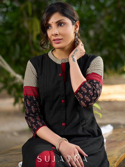 Timeless Black Kurta in Cotton with Ajrakh Accents on Yoke and Sleeves