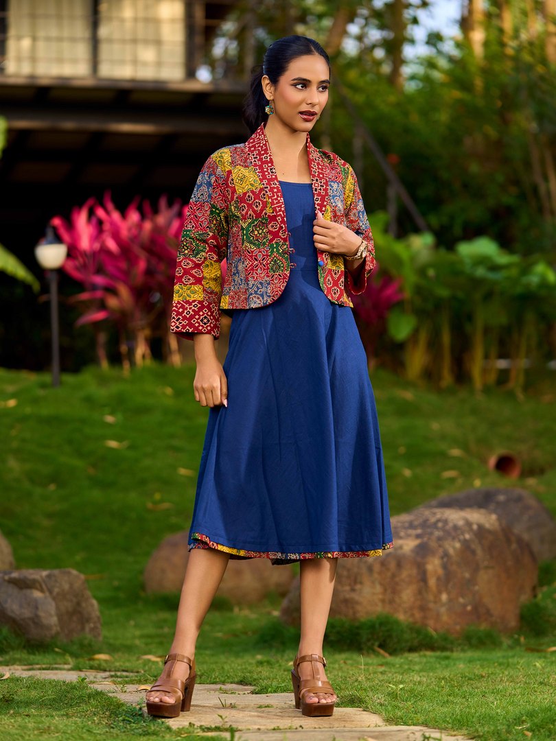 Navy Blue Flared Slip Dress with Patchwork Ajrakh Hemline - Patchwork Jacket Optional