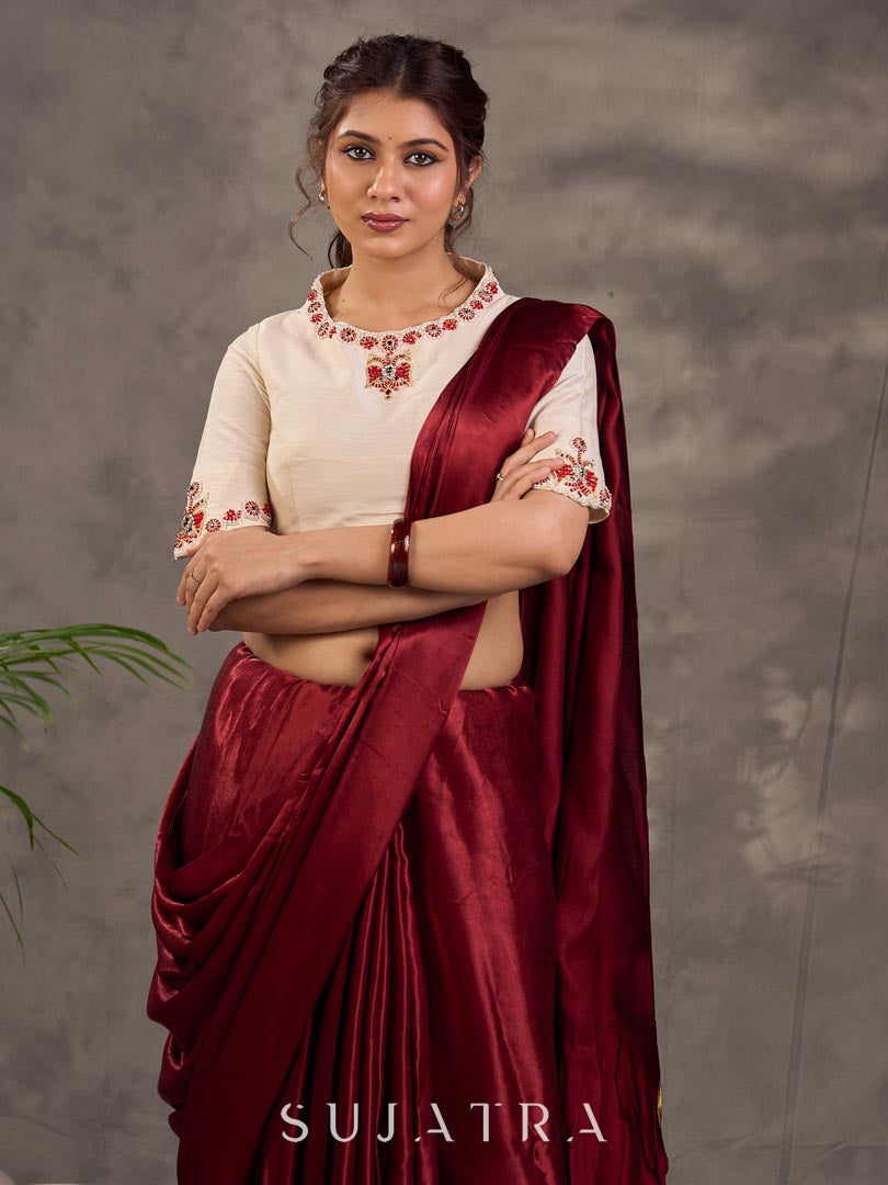 Cream Cotton Silk Blouse with Colorful Floral Embroidered Neckline and Sleeves