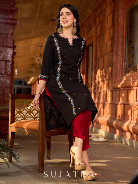 Classic Black Cotton Kurta with Intricate Paisley Embroidery