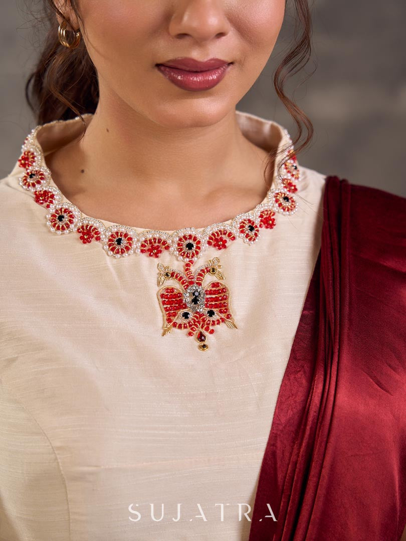 Cream Cotton Silk Blouse with Colorful Floral Embroidered Neckline and Sleeves