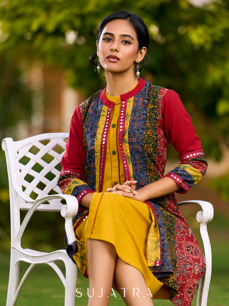 Vibrant Ajrakh Panel Jacket Embellished With Mirror Lace Highlights