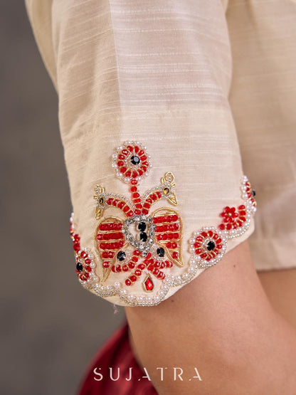 Cream Cotton Silk Blouse with Colorful Floral Embroidered Neckline and Sleeves