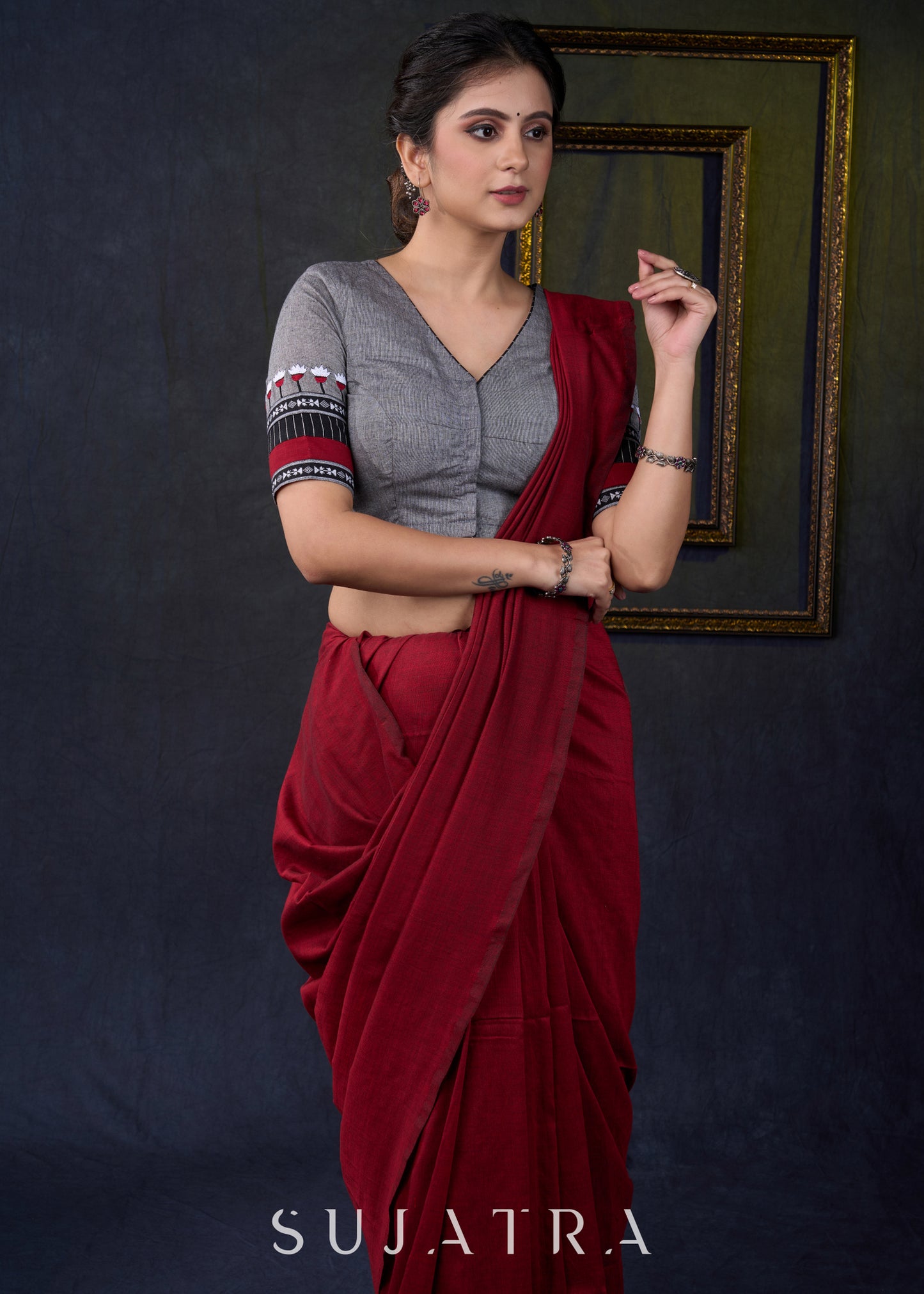 Graceful Grey Cotton Embroidered Blouse - Optional Plain Saree