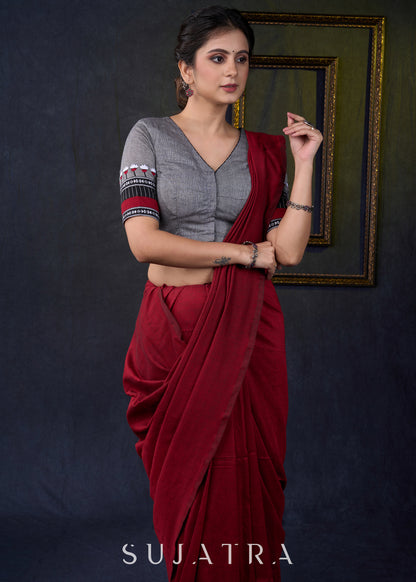 Graceful Grey Cotton Embroidered Blouse - Optional Plain Saree
