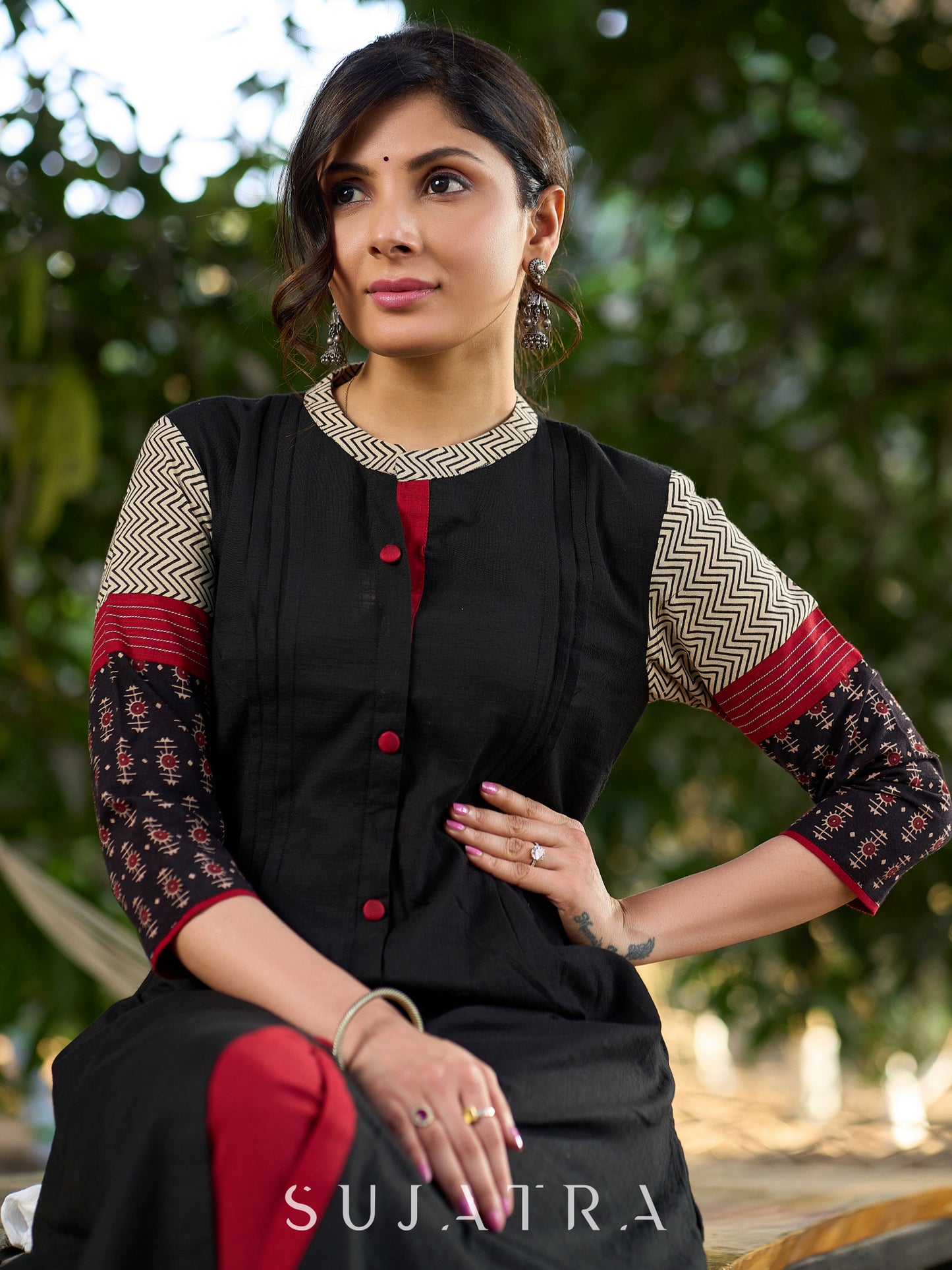 Timeless Black Kurta in Cotton with Ajrakh Accents on Yoke and Sleeves