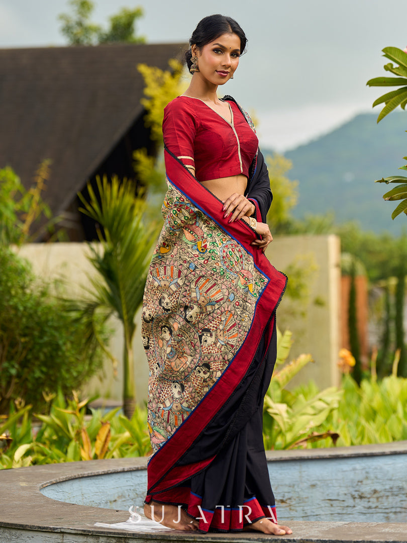 Striking Black Modal Saree with Hand-Painted Madhubani Pallu & Maroon-Blue Border