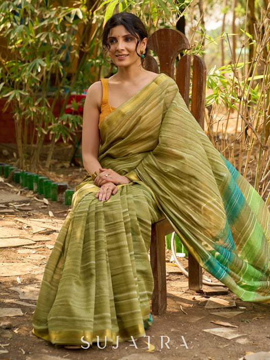 Striped Olive cotton Saree with Lustrous Golden Border