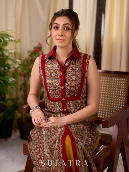 Dussehra Sale — Multicolour Ethnic Print Cotton Sleeveless Kurta with Bold Maroon Collar and Placket Detail