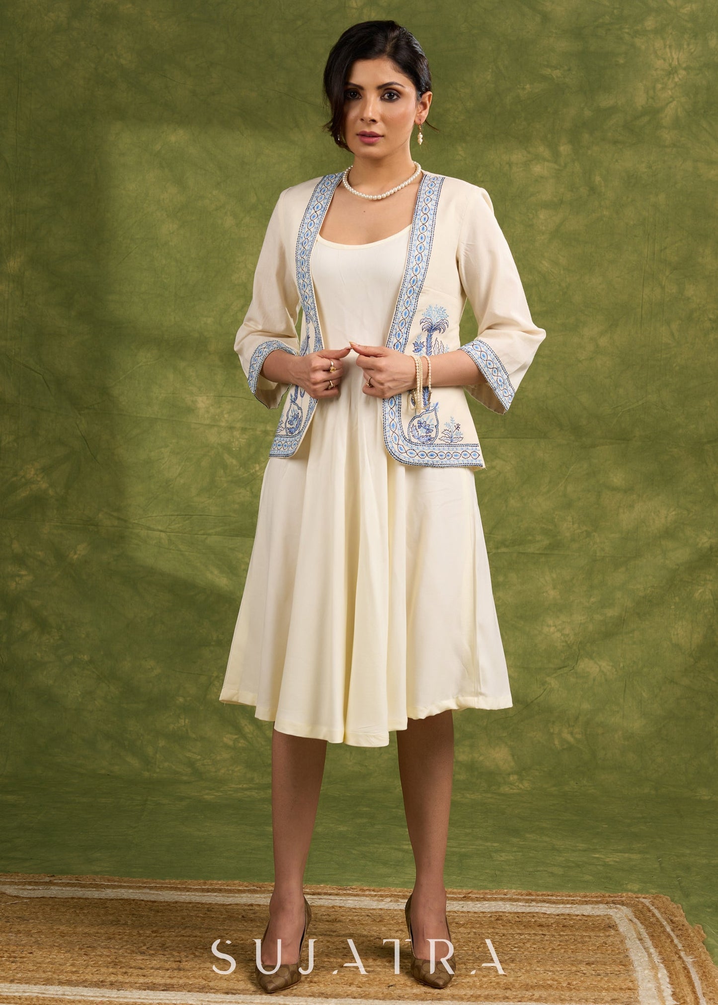 Elegant Cream Cotton Silk Sleeveless Dress - Embroidered Shrug optional