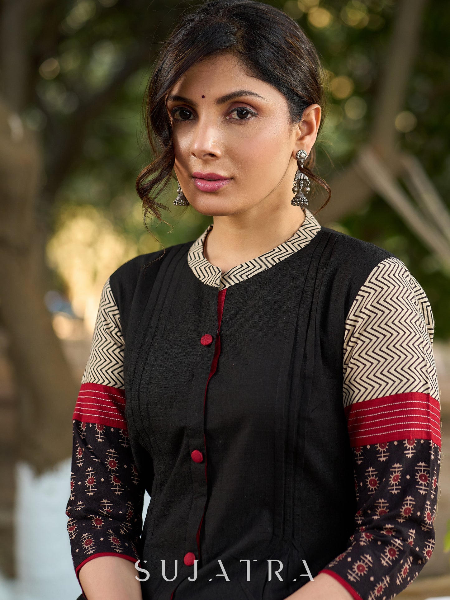 Timeless Black Kurta in Cotton with Ajrakh Accents on Yoke and Sleeves
