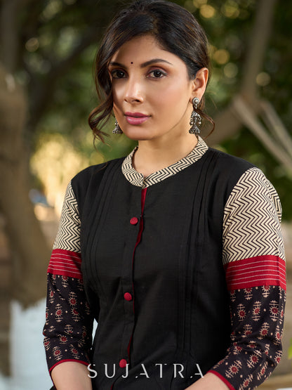 Timeless Black Kurta in Cotton with Ajrakh Accents on Yoke and Sleeves