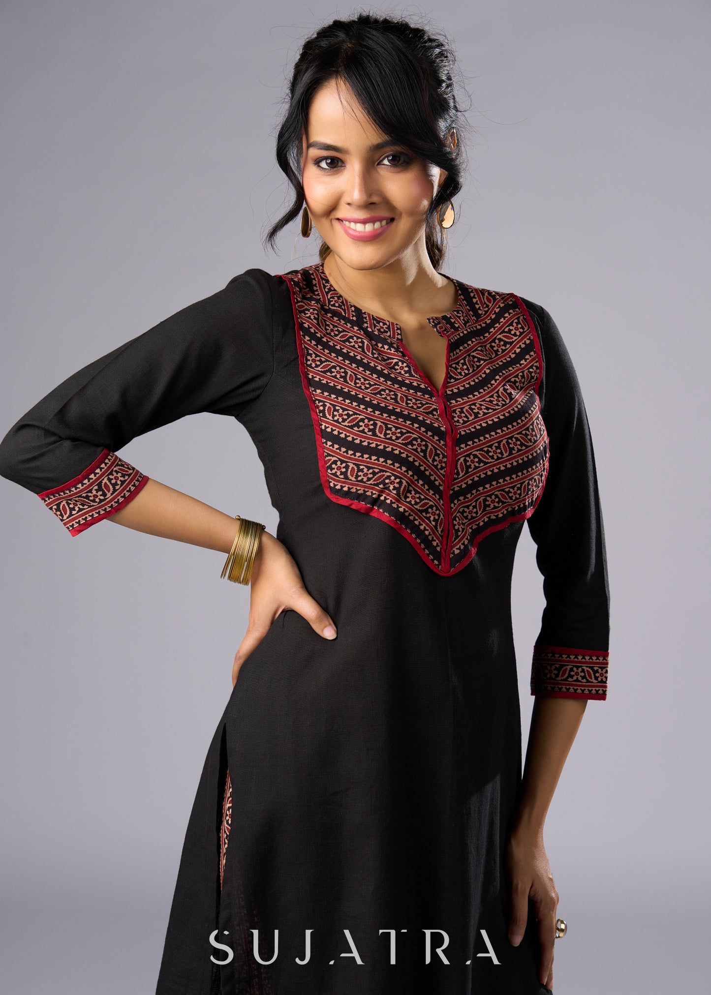 Elegant Black Cotton Ajrakh Combination Tunic -  Pant Additional