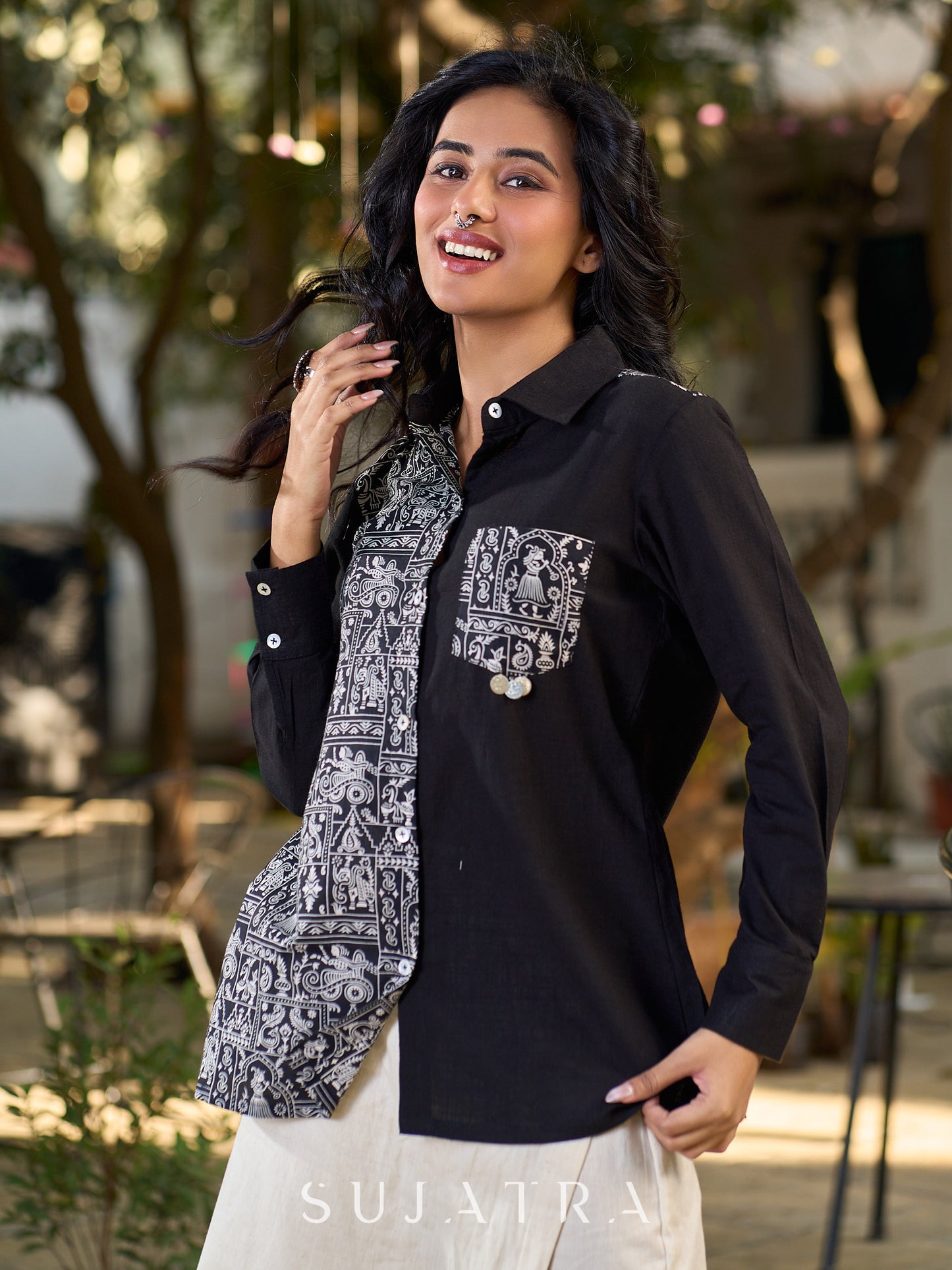 Black Cotton Shirt with Print Panel And Coin Embellishments