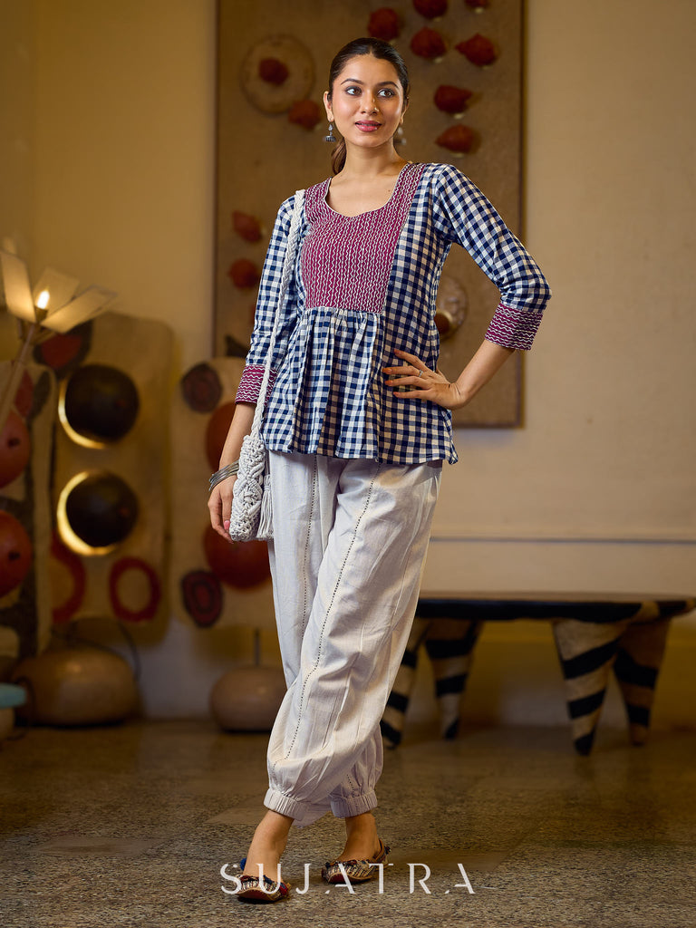 Classic Checkered Cotton Gathered Top Featuring A Contrasting Maroon Embroidered Yoke And Sleeves