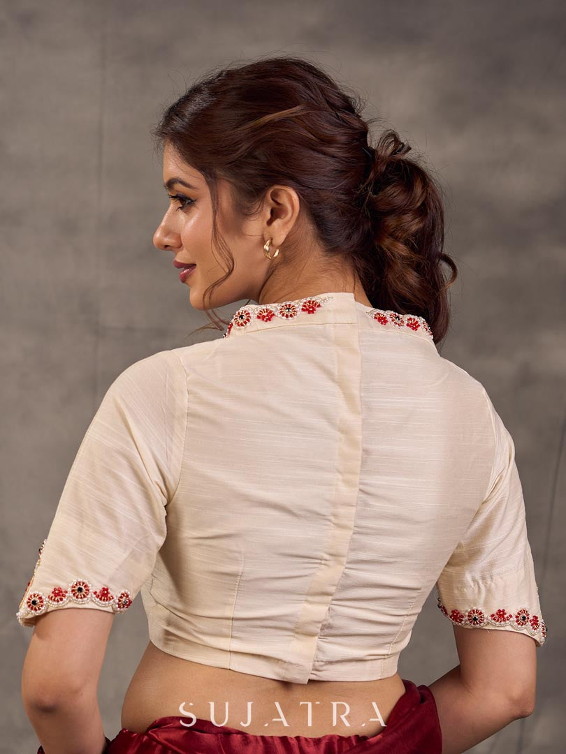 Cream Cotton Silk Blouse with Colorful Floral Embroidered Neckline and Sleeves