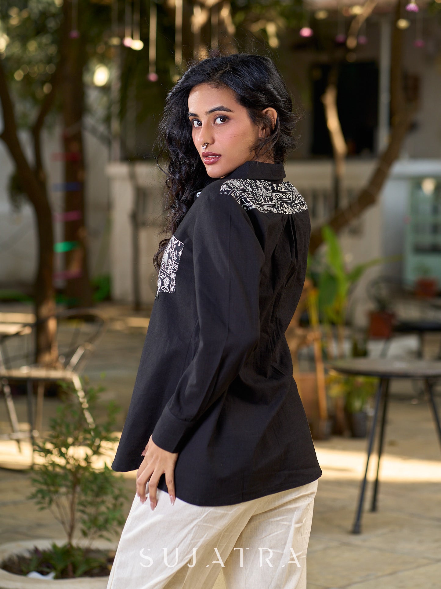 Black Cotton Shirt with Print Panel And Coin Embellishments