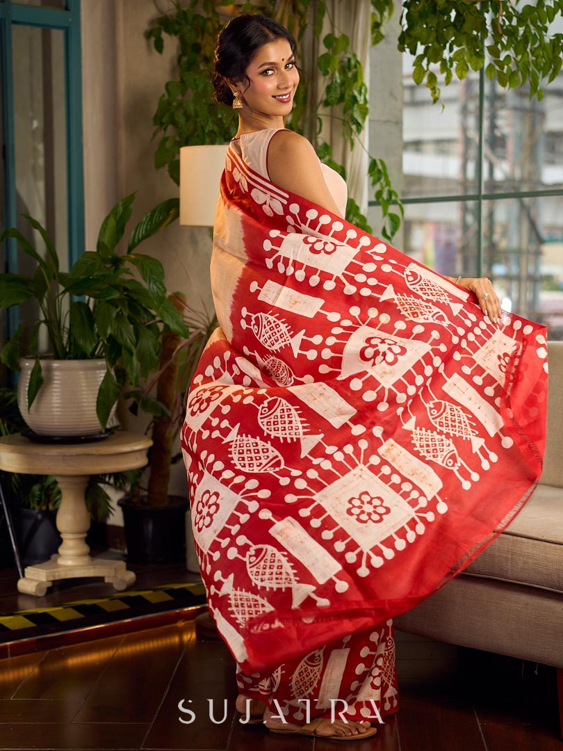 Elegant Red Pure Silk Saree with White Warli Art Print & Folk Motif Pallu