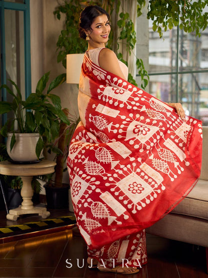Vibrant Red Pure Silk Saree with Tribal Printed Pallu & Border
