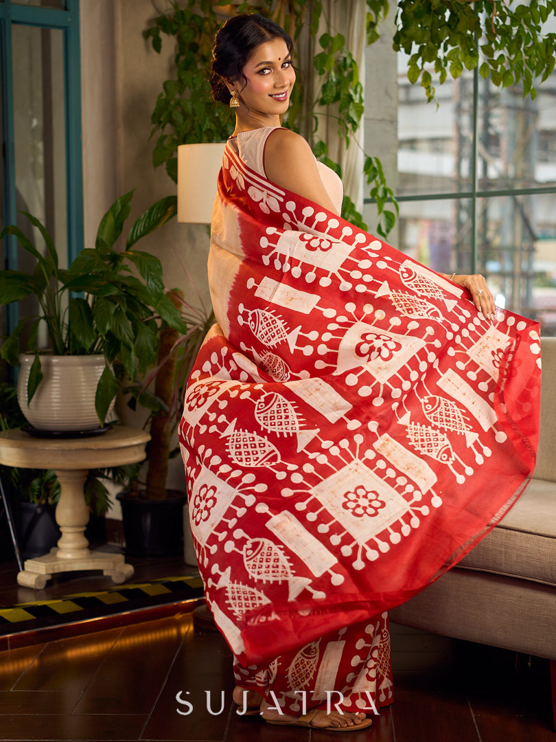 Elegant Red Pure Silk Saree with White Warli Art Print & Folk Motif Pallu