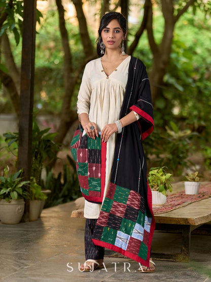 Chic Black Rayon Dupatta with Kantha & Mirror Embroidery and Ikat Patchwork Pallu