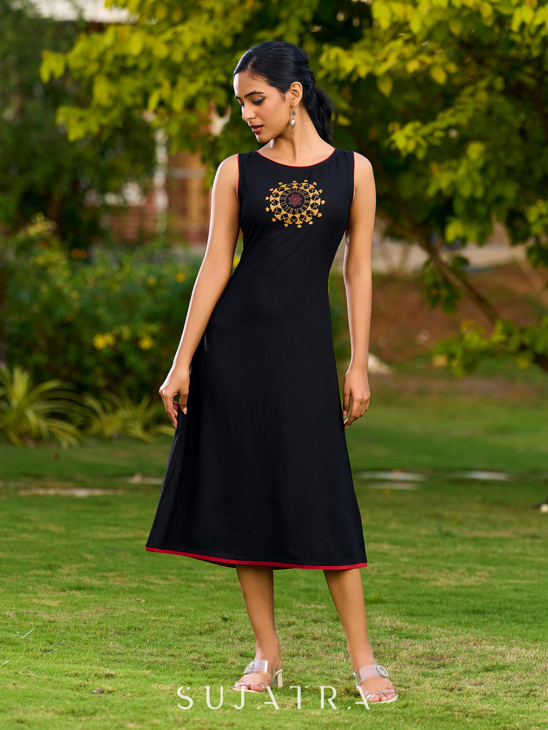 Handcrafted Black Rayon Dress Adorned with Traditional Warli Painting - Jacket Optional