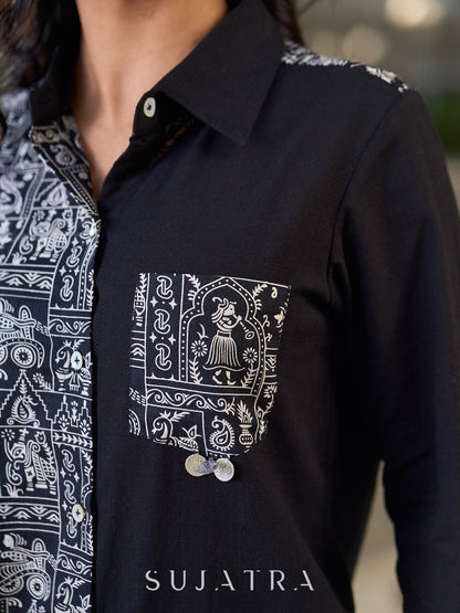 Black Cotton Shirt with Print Panel And Coin Embellishments