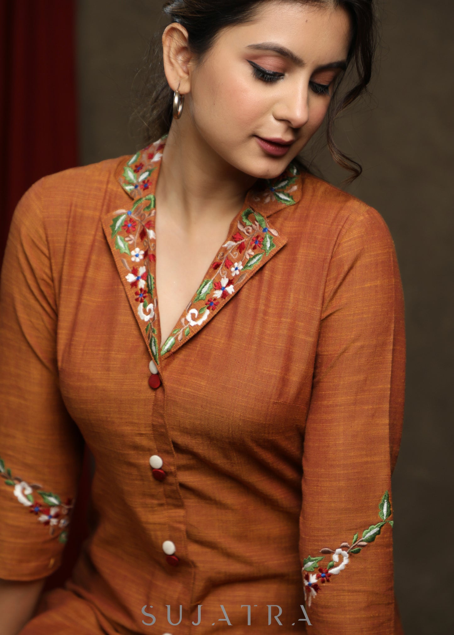 Trendy Rust cotton tunic with embroidered collar & sleeves - Co ord pant optional