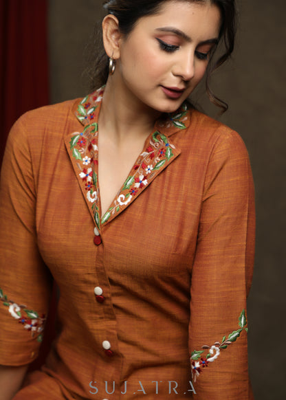 Trendy Rust cotton tunic with embroidered collar & sleeves - Co ord pant optional