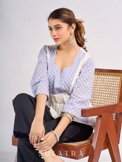 Powder Blue Dobby Cotton Contemporary Top with Soft Gathered Waist