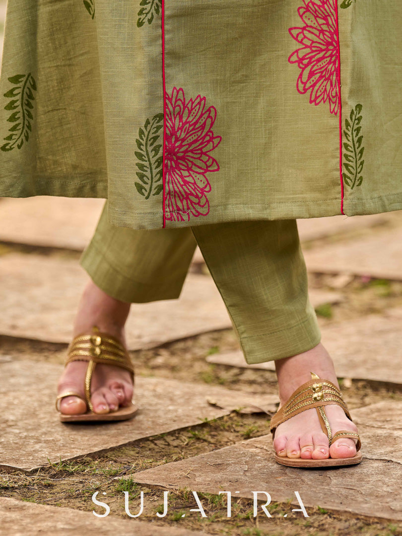 Soft Light Green A-Line Kurta With Artisanal Floral Hand Block Print