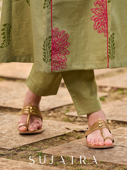 Soft Light Green A-Line Kurta With Artisanal Floral Hand Block Print