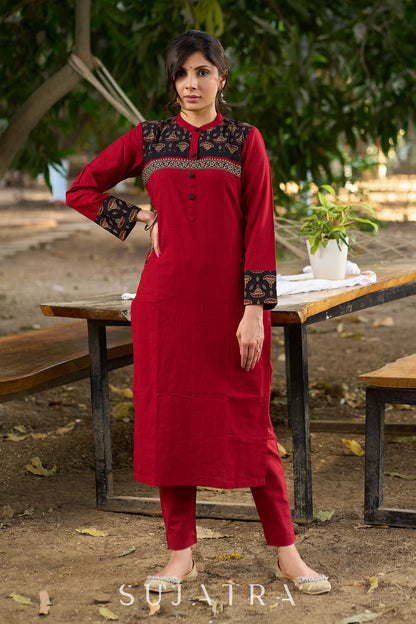 Classic Maroon Cotton Kurta Featuring Subtle Ajrakh Accents