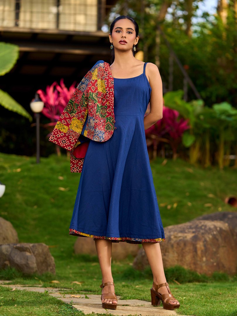Navy Blue Flared Slip Dress with Patchwork Ajrakh Hemline - Patchwork Jacket Optional