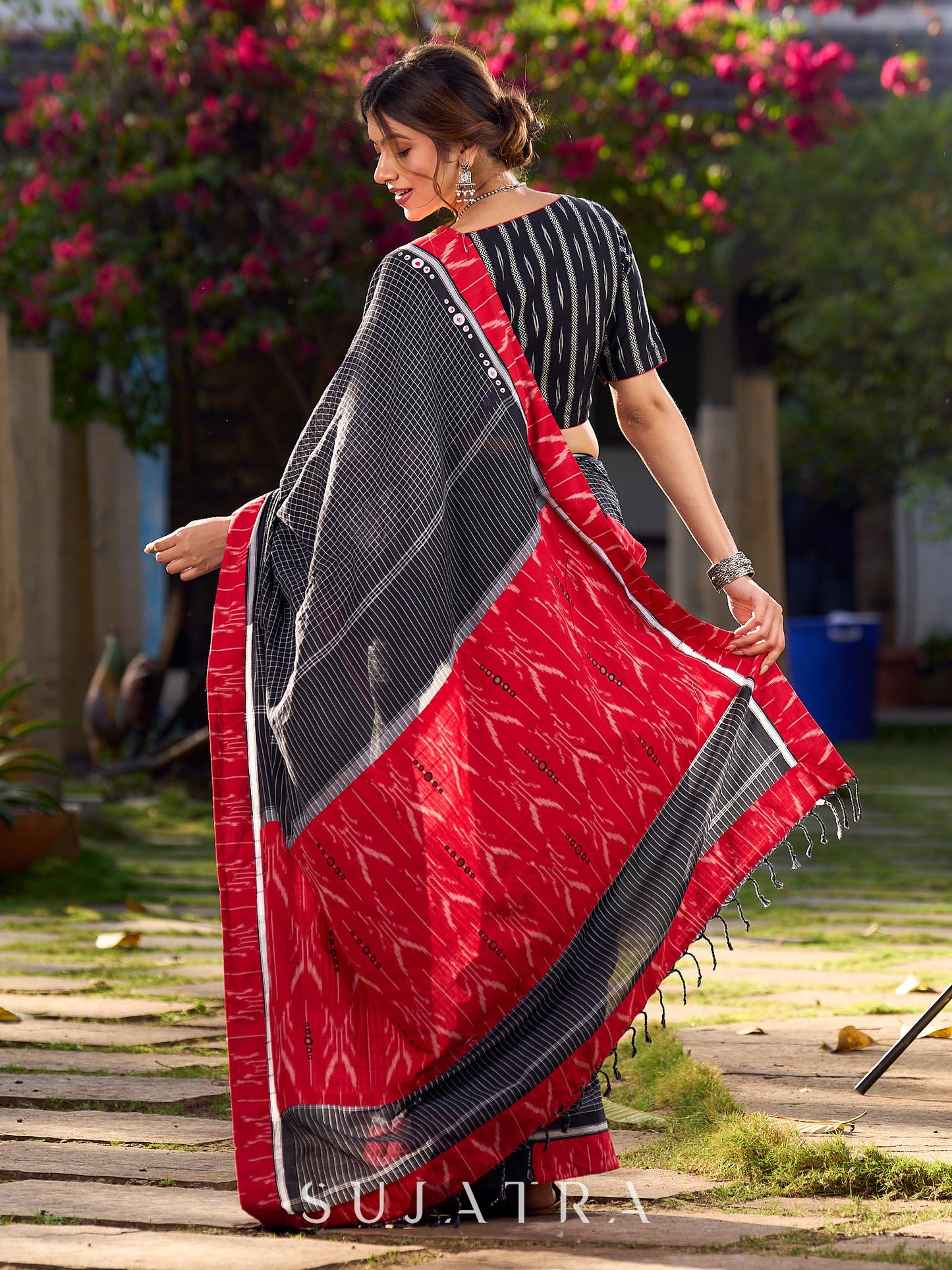 Noir Cotton Checkered Saree with Contrasting Red Ikat Accents