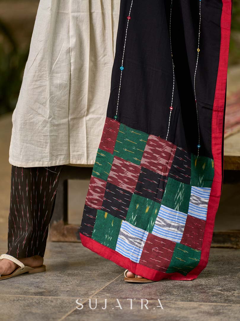 Chic Black Rayon Dupatta with Kantha & Mirror Embroidery and Ikat Patchwork Pallu