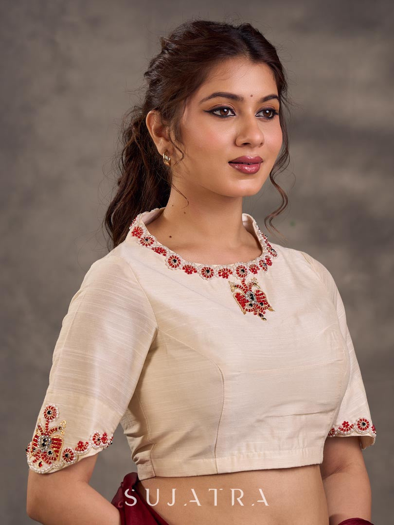Cream Cotton Silk Blouse with Colorful Floral Embroidered Neckline and Sleeves