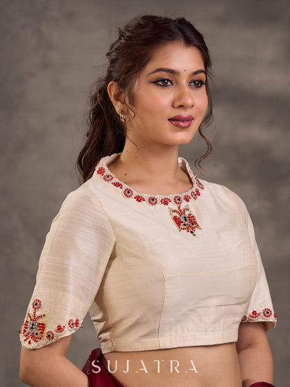 Cream Cotton Silk Blouse with Colorful Floral Embroidered Neckline and Sleeves