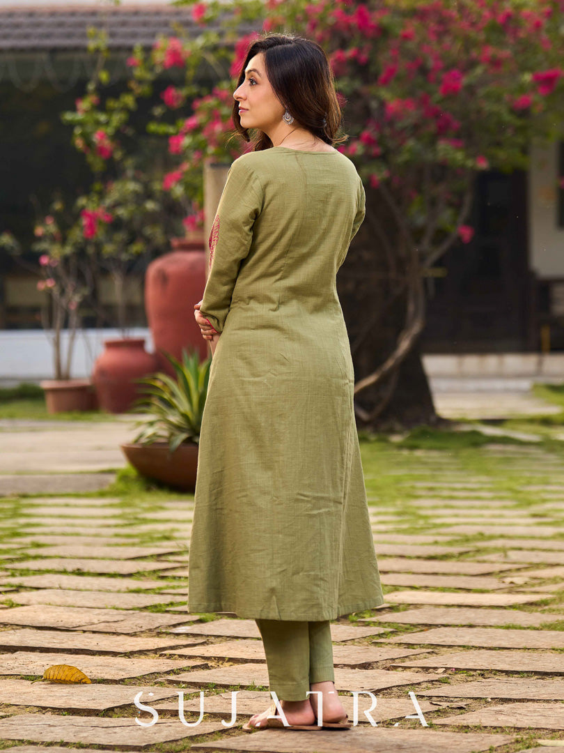 Soft Light Green A-Line Kurta With Artisanal Floral Hand Block Print