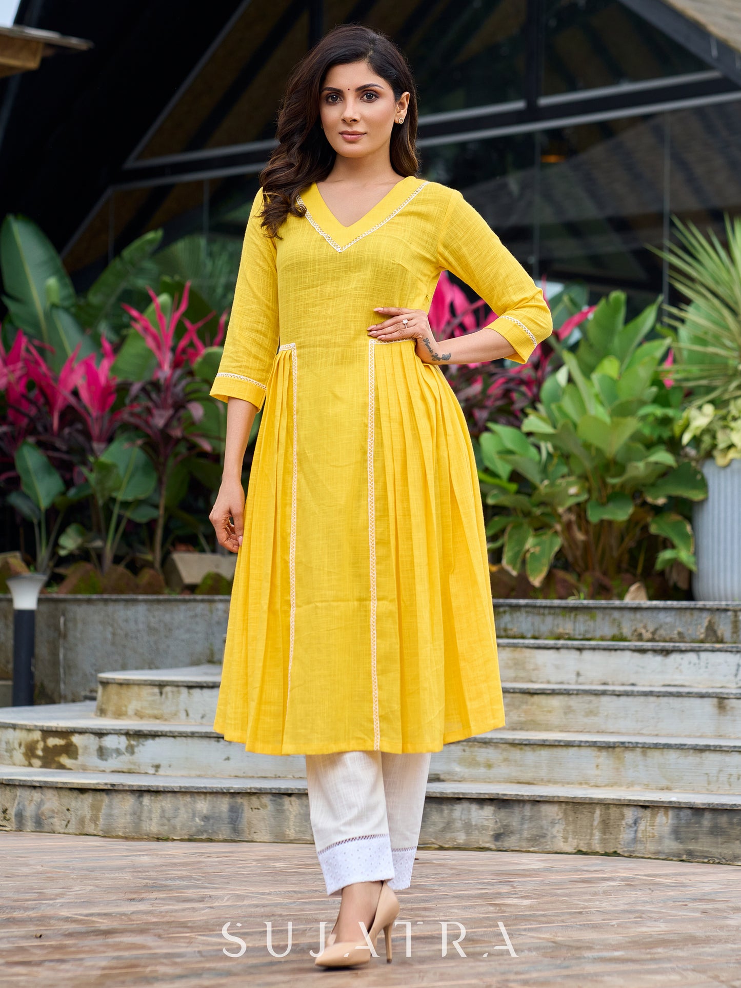 Lemon yellow pleated kurta accented with delicate lace detailing-pant optional