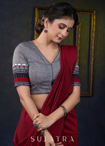 Graceful Grey Cotton Embroidered Blouse - Optional Plain Saree