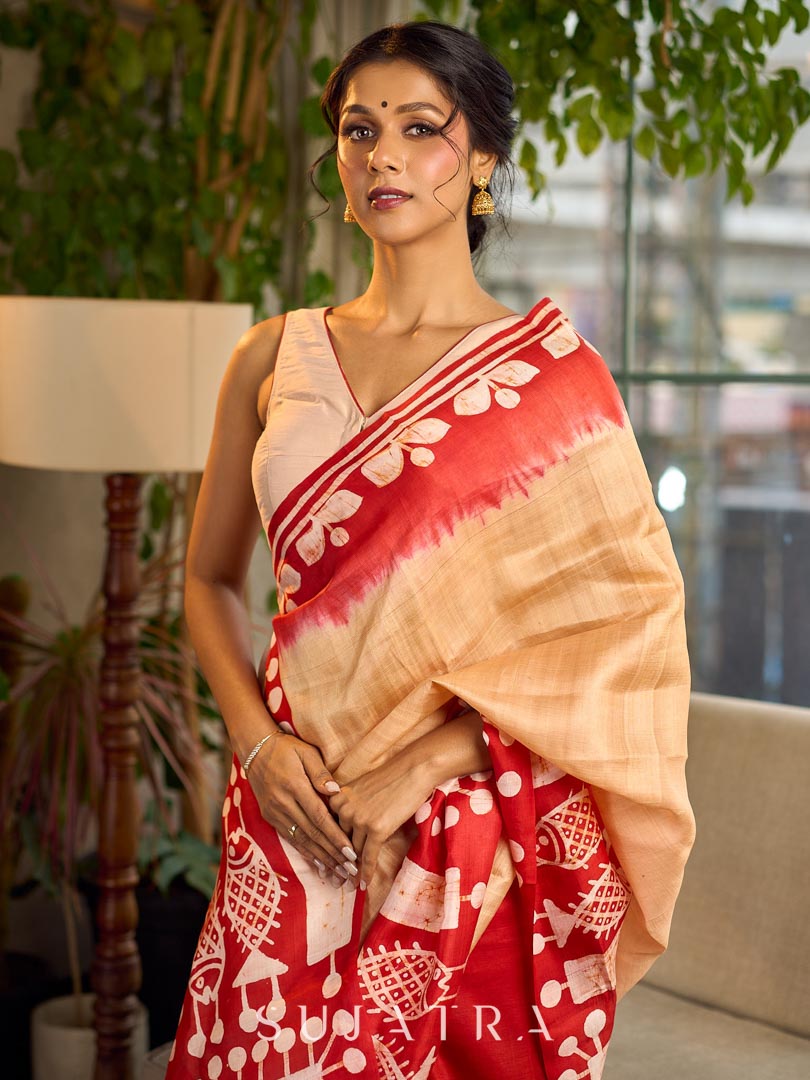 Elegant Red Pure Silk Saree with White Warli Art Print & Folk Motif Pallu